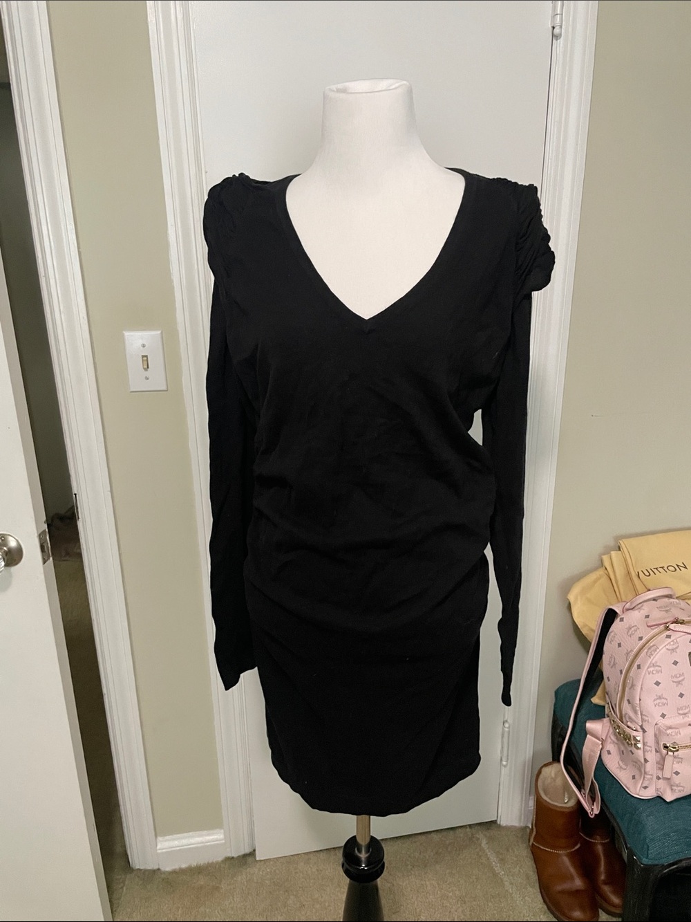 Black V-Neck sweater dress with shoulder detail
